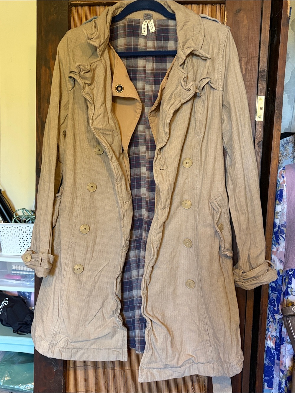 We The Free Light Khaki Trench Coat with Plaid Lining